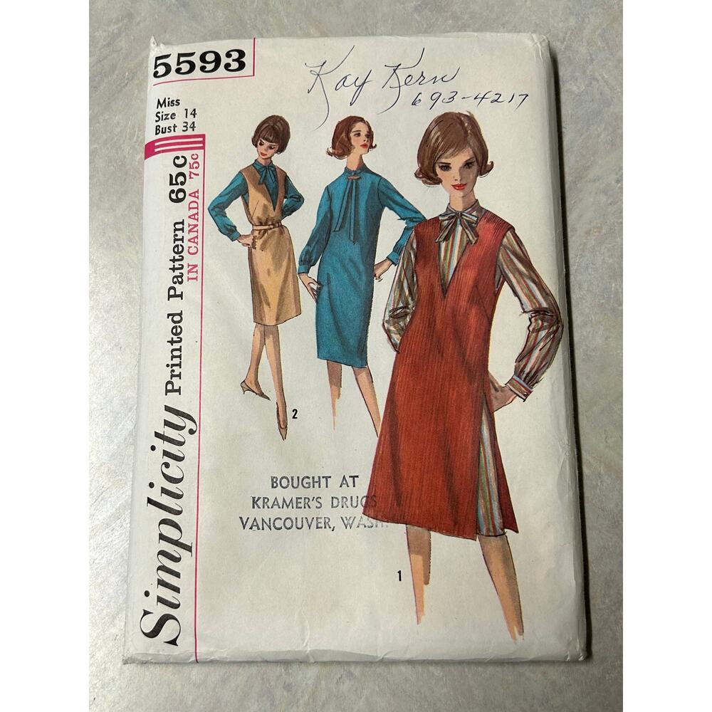 Vintage 1964 Simplicity Pattern #5593 V-Neck Jumper‎ Miss Size 14